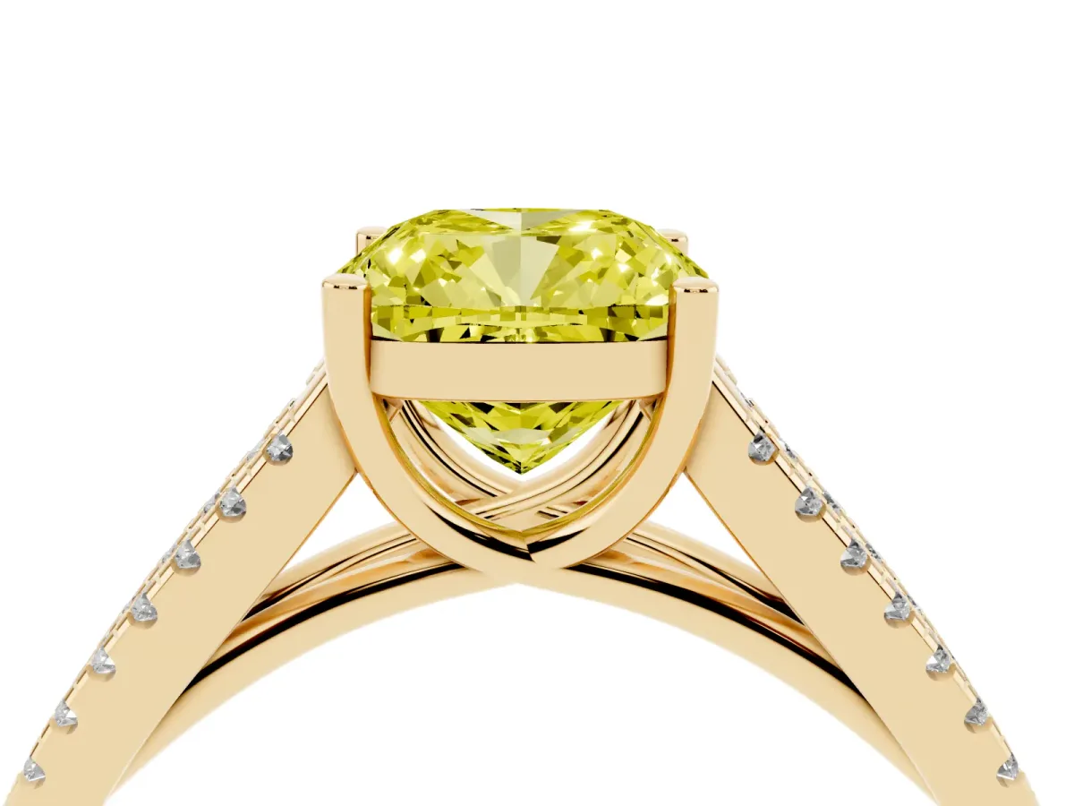 Fancy Yellow Cushion Cut Diamond Solitaire Engagement Ring with Split Shank Pavé Band Yellow gold
