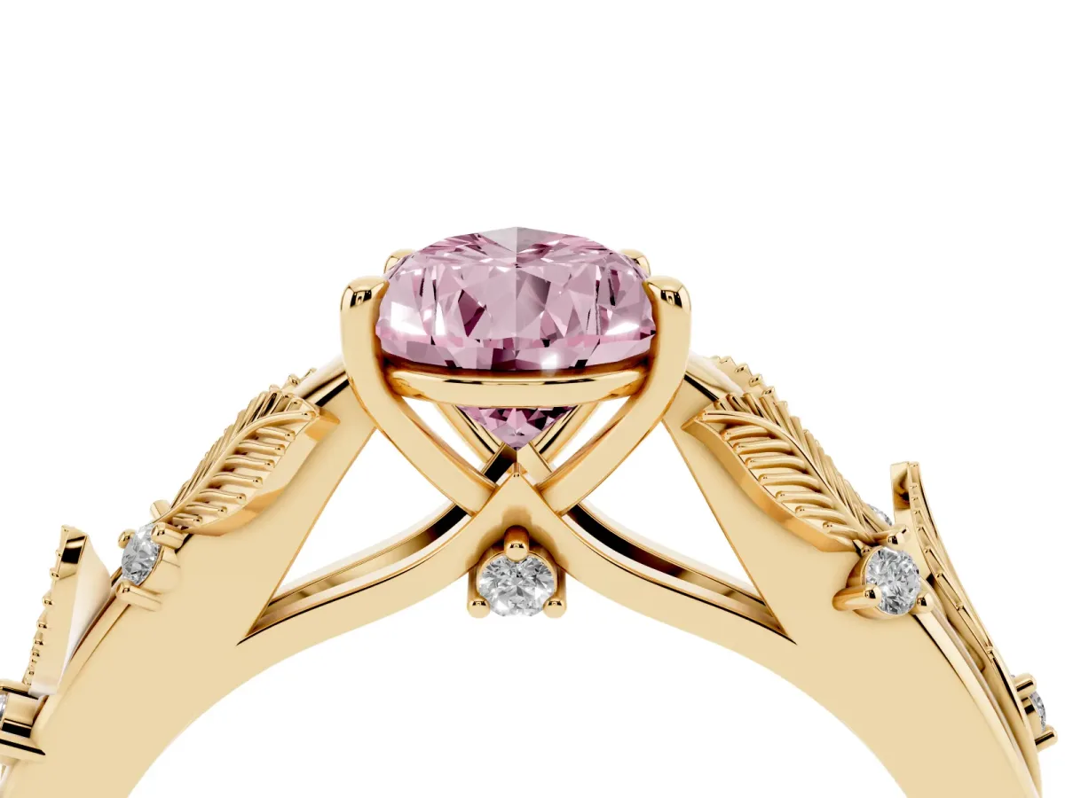 Fancy Pink Pear Cut Diamond Solitaire Ring with Leaf Motif Band and Four-Prong Setting Yellow gold