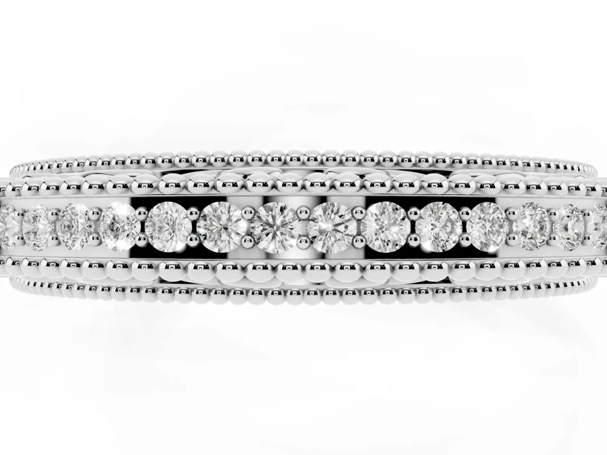 Round Diamond Pavé Milgrain White Gold Eternity Band Silver