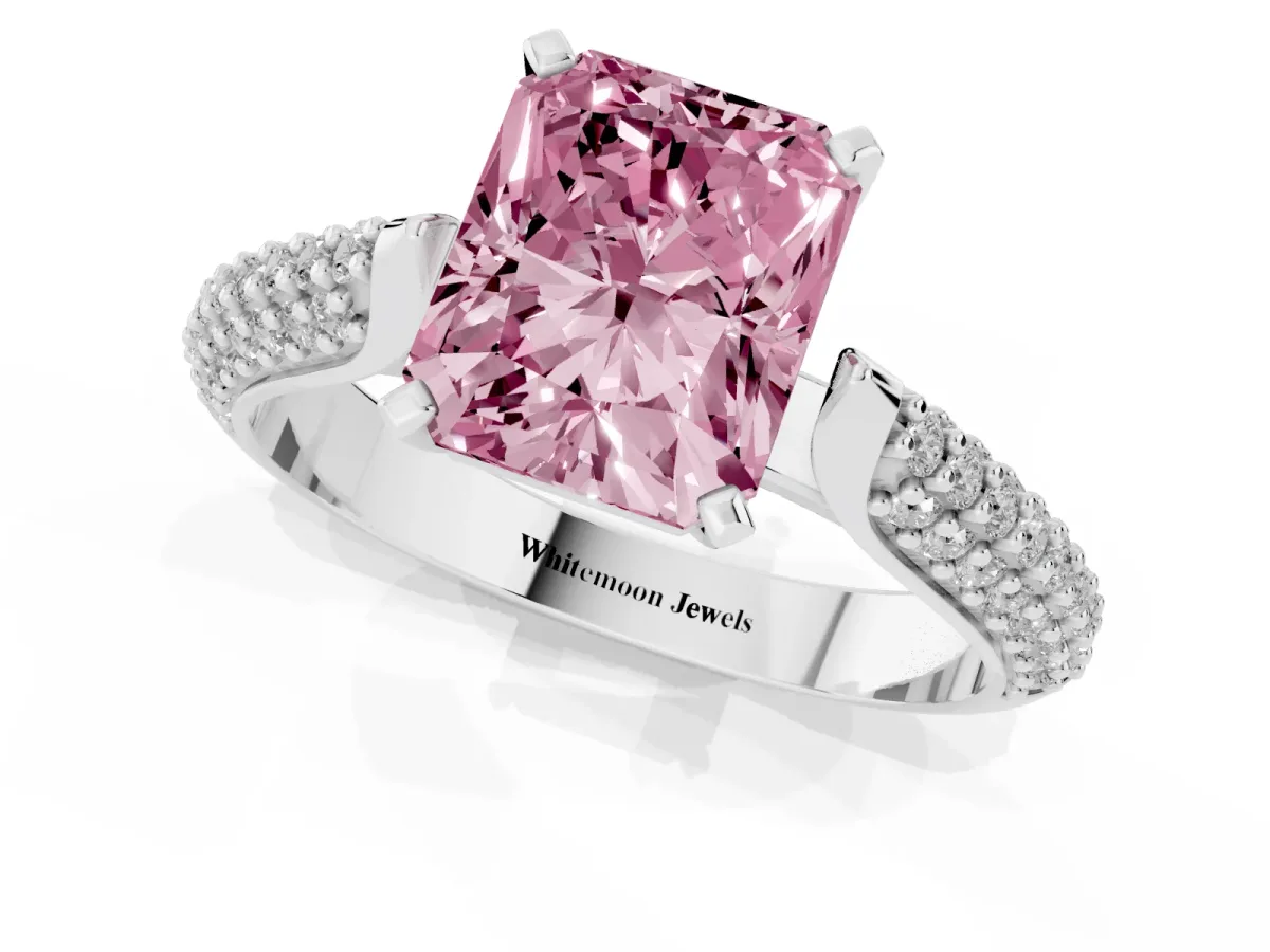 Fancy Pink Radiant Cut Diamond Solitaire Engagement Ring with Multi-Row Round Pavé Band and Prong Setting Platinum