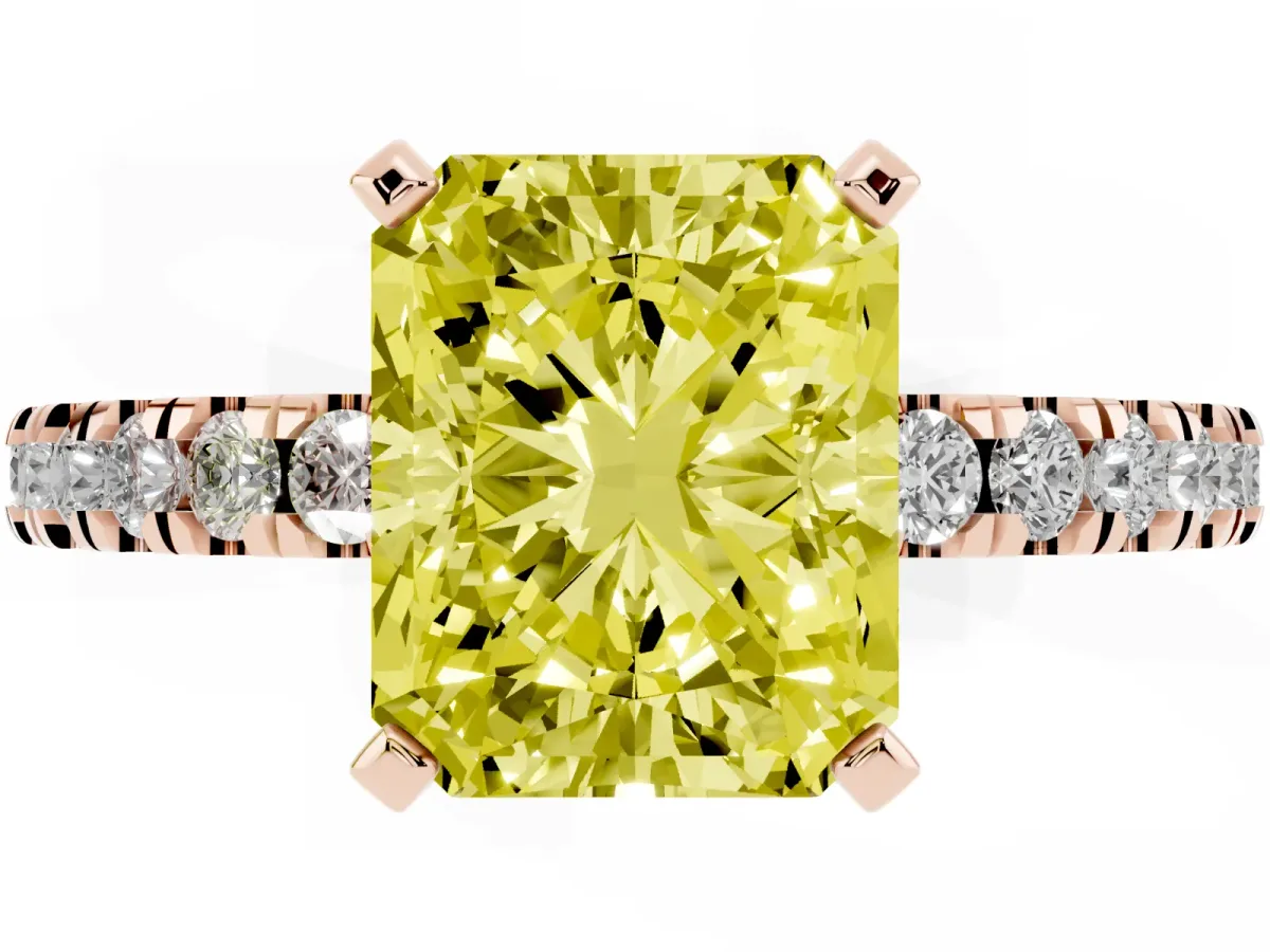 Fancy Yellow Radiant Cut Solitaire Diamond with Pavé Band and Four-Prong Setting Rose gold