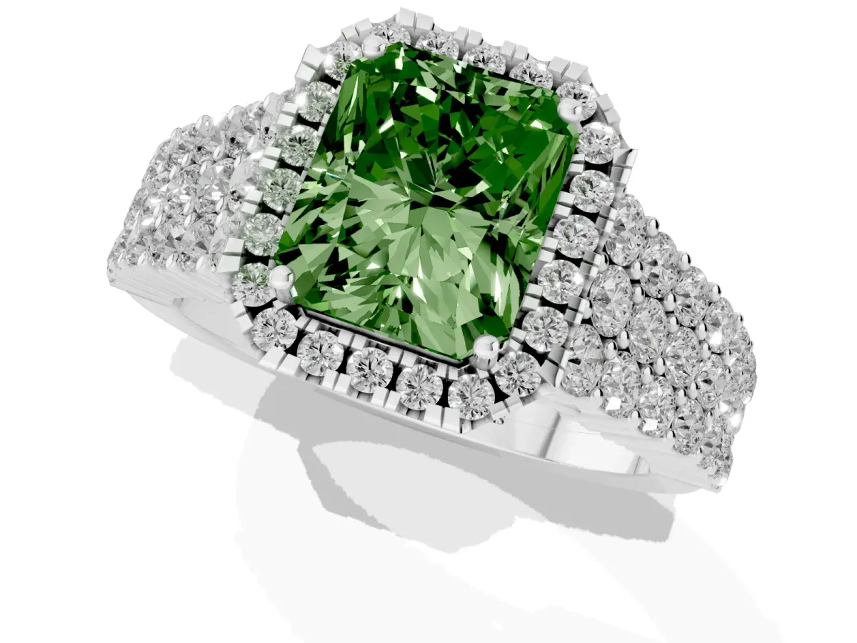 Fancy Green Radiant Cut Diamond Halo Engagement Ring with Triple Row Round Pavé Band and Prong Setting Silver