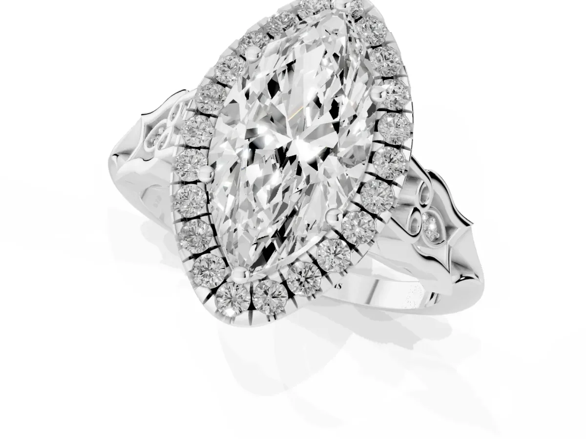 Marquise Cut Halo Diamond Engagement Ring with Filigree Band and Four-Prong Setting White gold