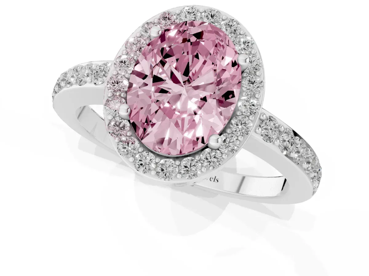 Fancy Pink Oval Cut Halo Diamond Pavé Band Ring with Prong Setting Silver