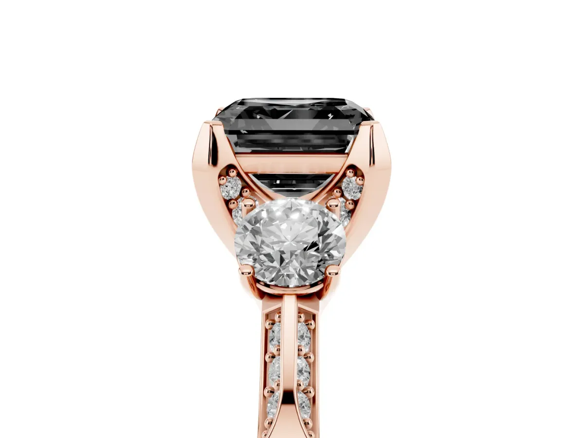 Fancy Black Asscher Cut Brilliant Three-Stone Diamond Ring with Pavé Band and Four-Prong Setting Rose gold