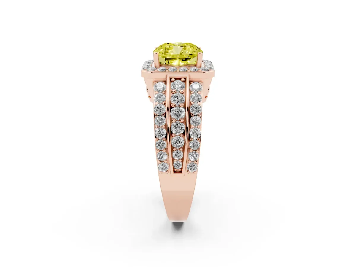 Fancy Yellow Cushion Cut Halo Diamond Ring with Round Split Shank and Prong Setting Rose gold