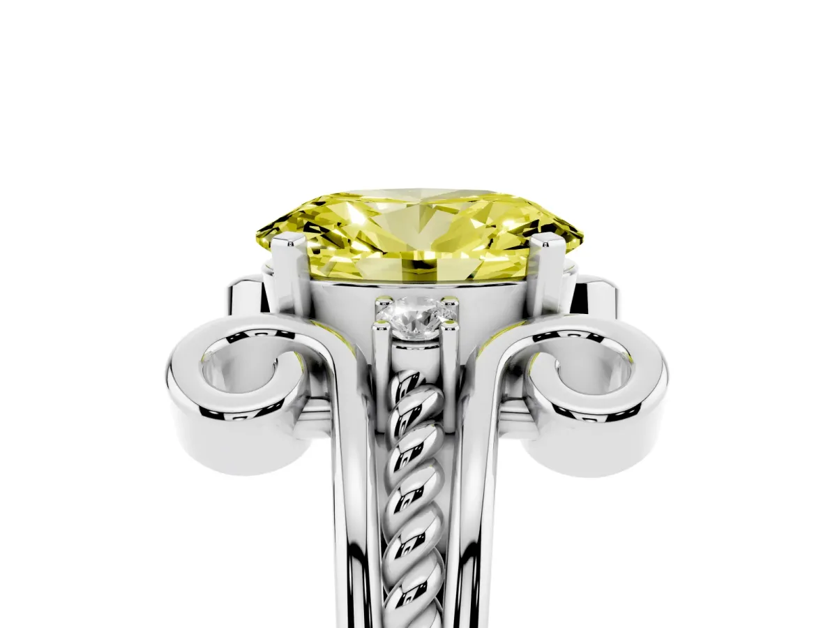 Fancy Yellow Oval Cut Solitaire Twisted Band Scroll Prong Ring Platinum