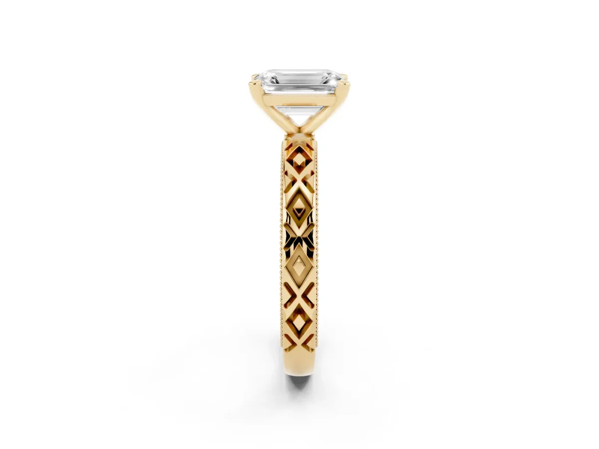 Emerald Cut Solitaire Diamond Ring with Milgrain and Black Enamel X Pattern Band Yellow gold