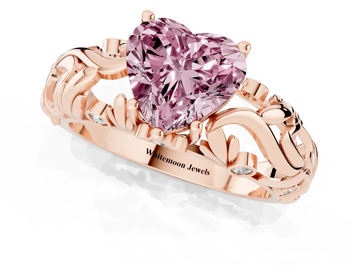 Fancy Pink Heart Cut Solitaire Diamond Leaf-Inspired Vine Band Ring with Prong Setting Rose gold