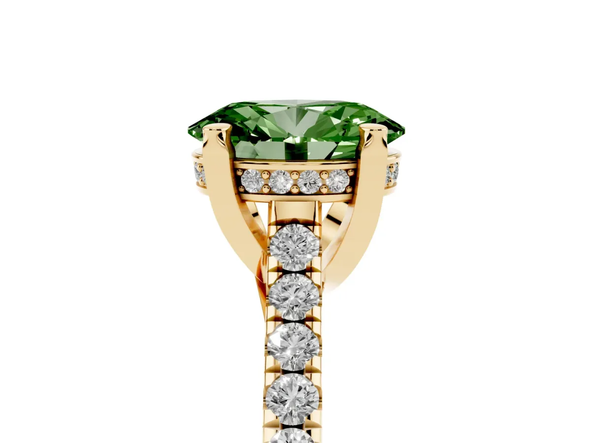 Fancy Green Oval Cut Brilliant Diamond Solitaire with Pavé Band and Four-Prong Setting Yellow gold