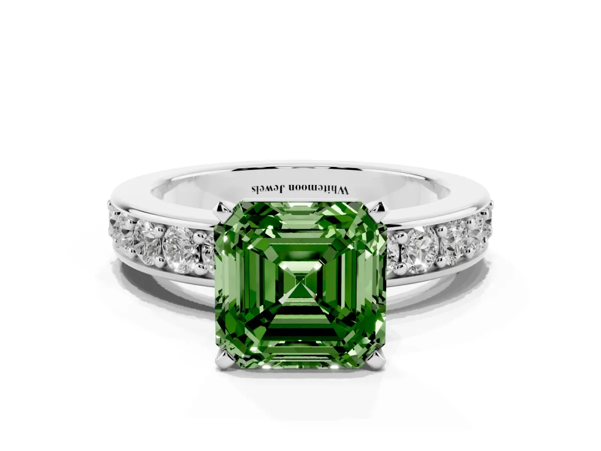 Fancy Green Asscher Cut Diamond Engagement Ring with Channel Set Round Band and Prong Setting Platinum