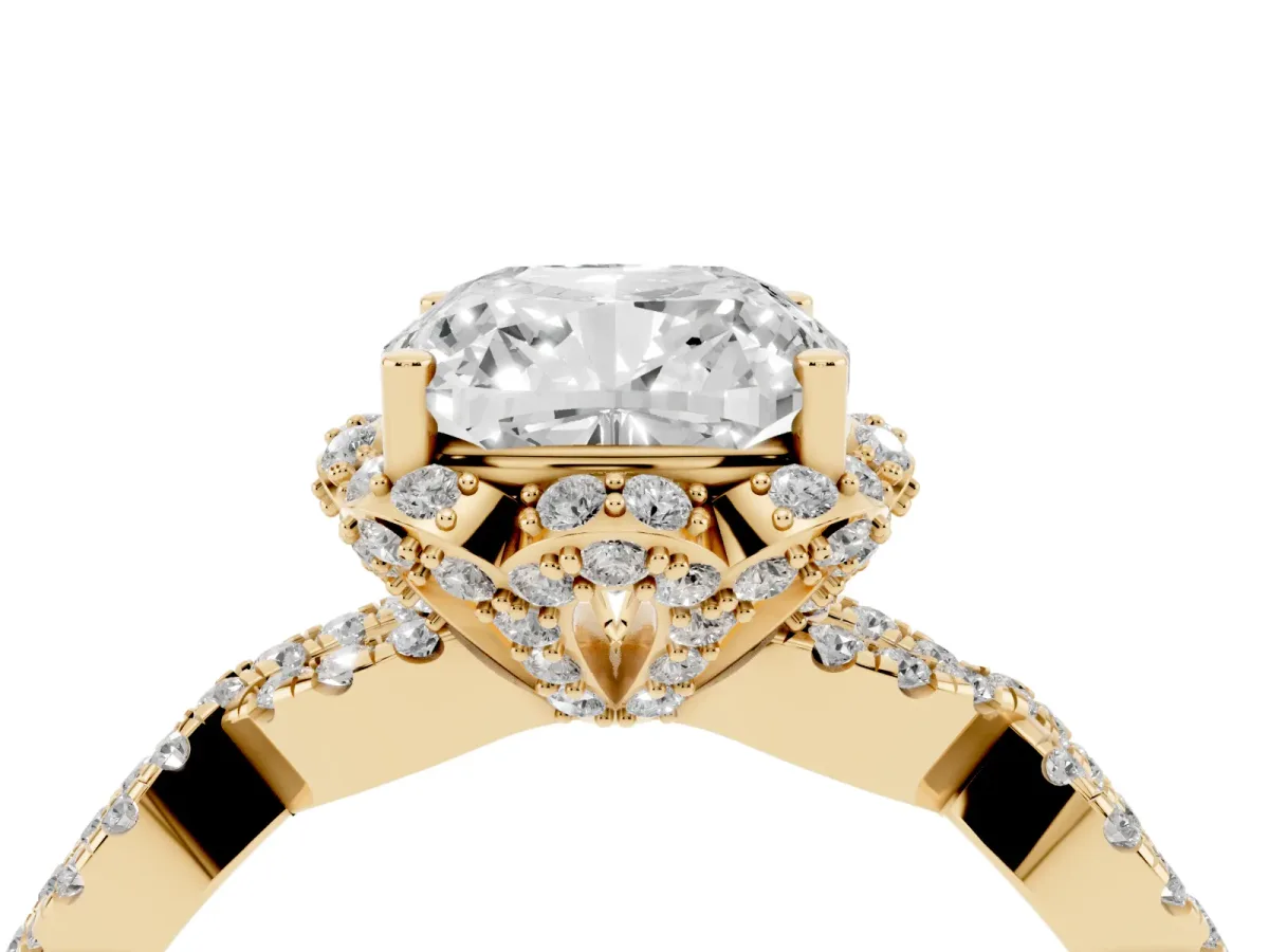 Cushion Cut Halo Twist Band Solitaire Ring with Six-Prong Setting Yellow gold