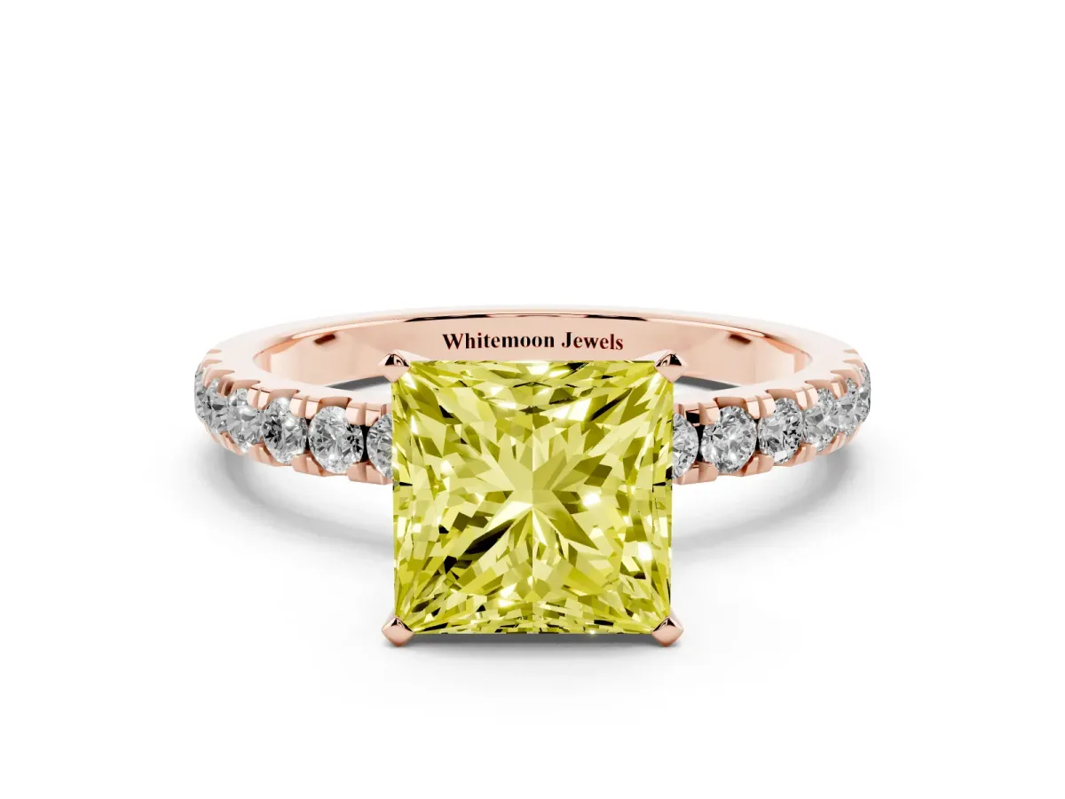 Fancy Yellow Princess Cut Diamond Solitaire Ring with Pavé Accents and Four-Prong Setting Rose gold