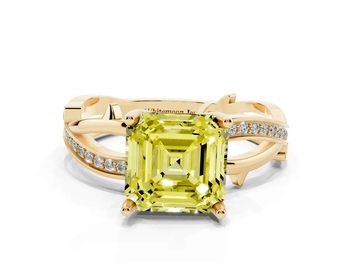Fancy Yellow Asscher Cut Solitaire Twist Band with Pavé Accents and Four-Prong Setting Yellow gold