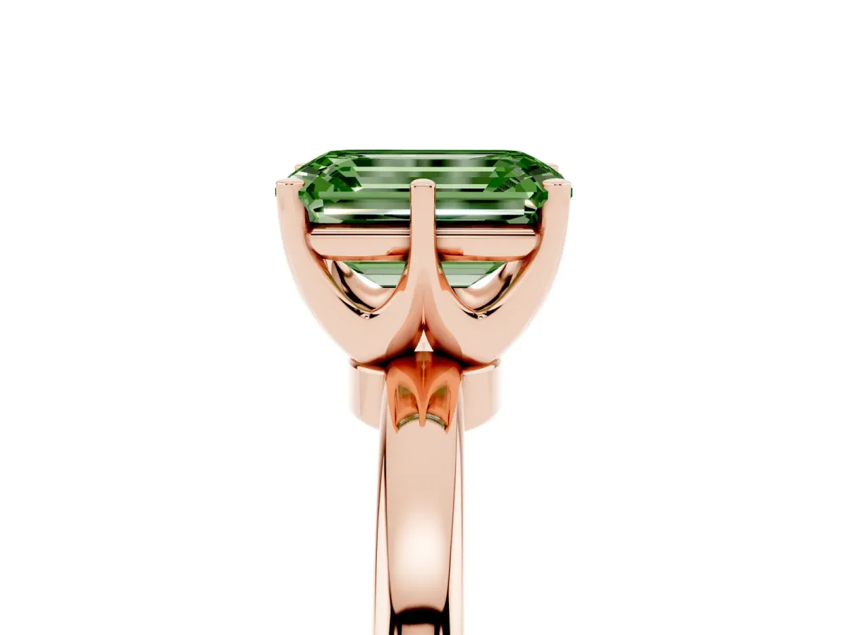 Fancy Green Emerald Cut Solitaire Diamond Ring with Six-Prong Setting on a Classic Band Rose gold