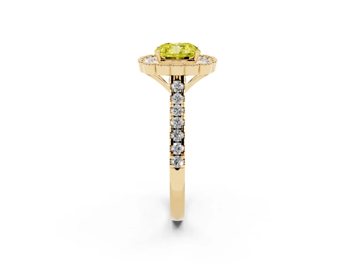 Fancy Yellow Cushion Cut Cut Diamond Milgrain Floral Halo Engagement Ring with Pavé Band Yellow gold