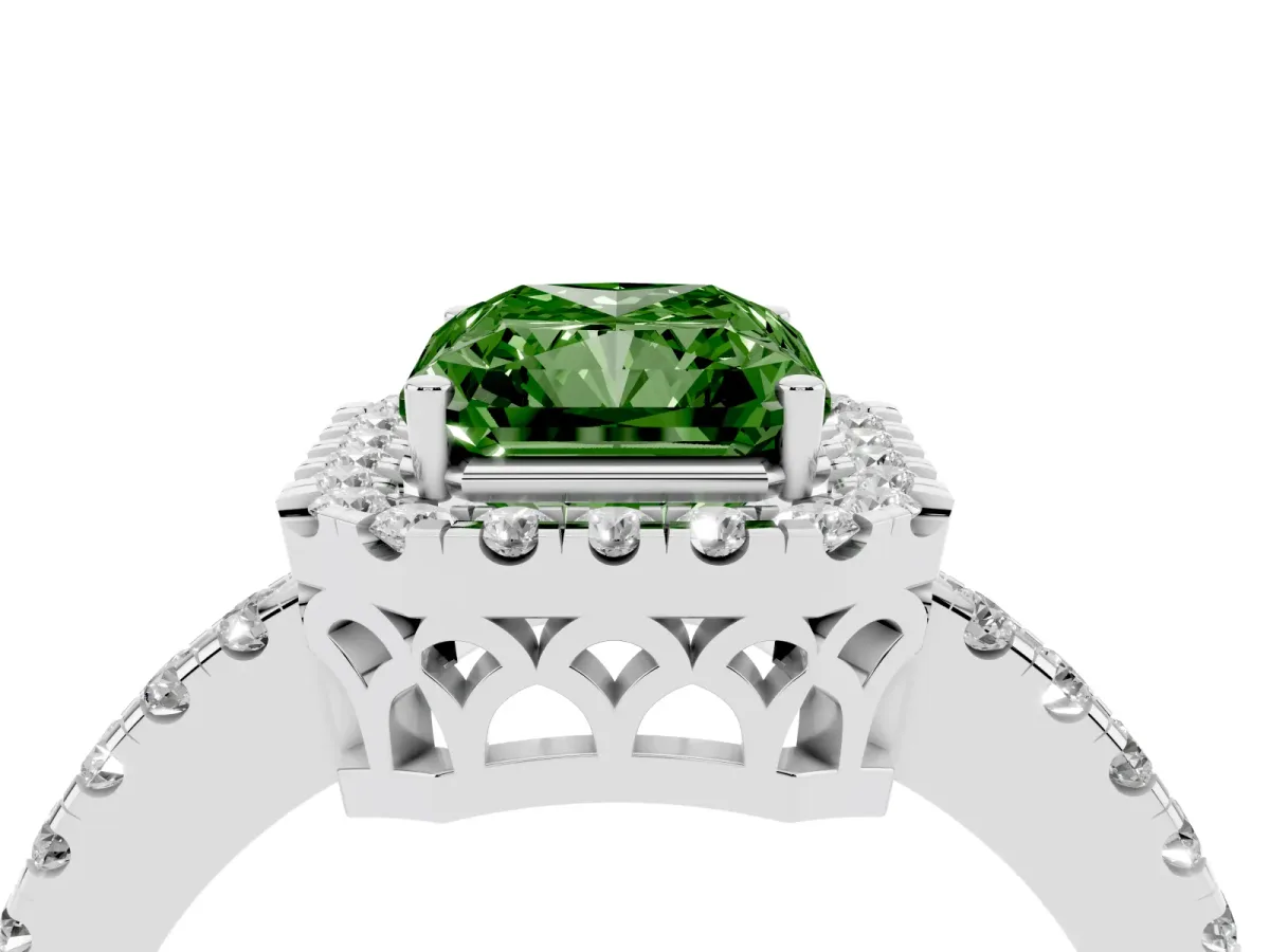 Fancy Green Radiant Cut Halo Diamond Engagement Ring with Pavé Band and Four-Prong Setting Silver