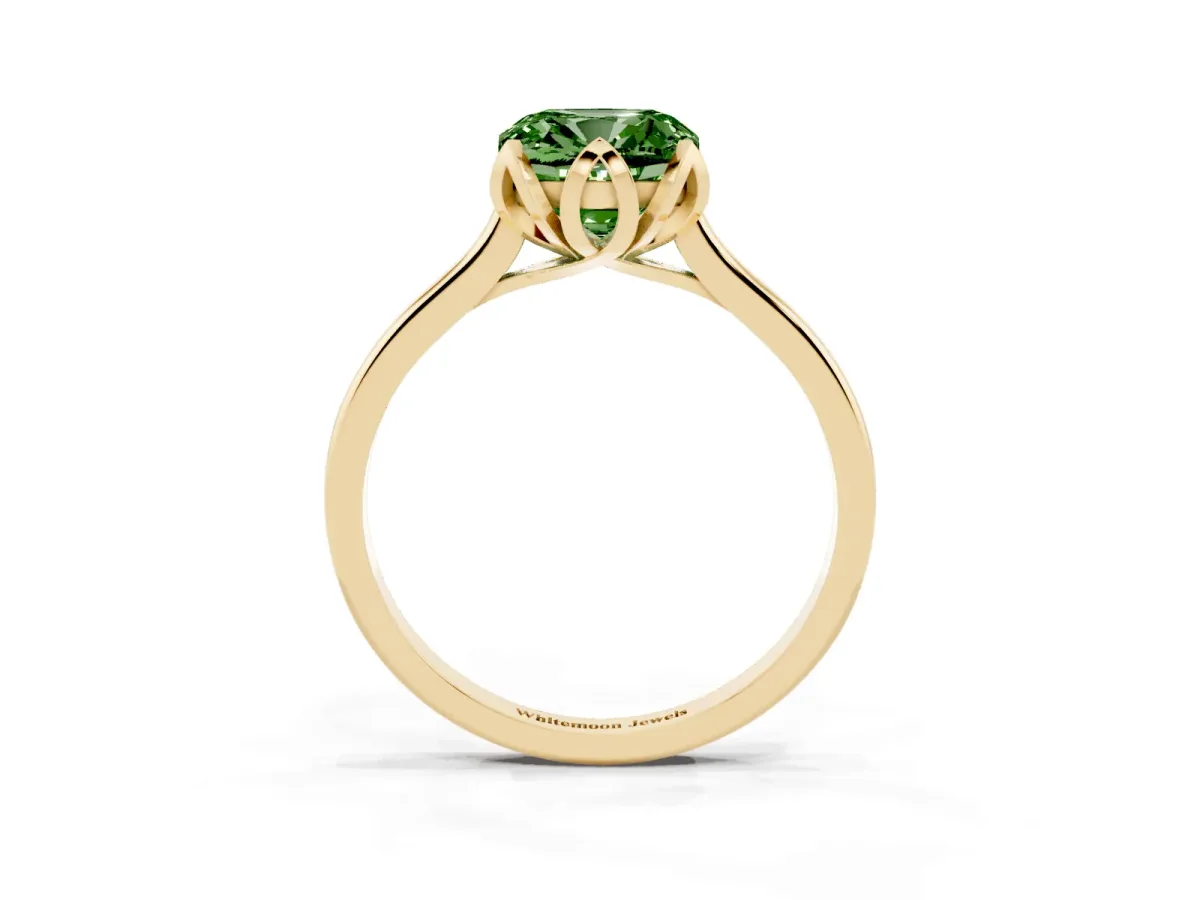 Fancy Green Cushion Cut Diamond Solitaire Ring with Flower Prong Setting and Classic Band Yellow gold