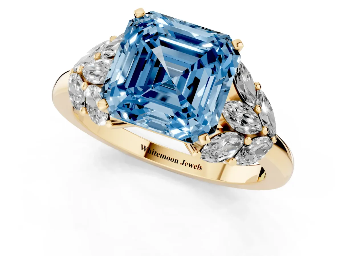 Fancy Blue Asscher Cut Diamond Cluster Leaf Design Ring with Prong Setting Yellow gold