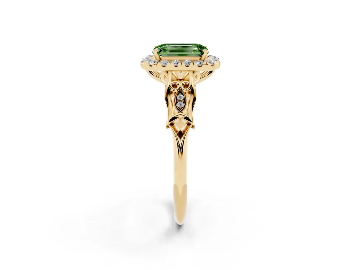 Fancy Green Emerald Cut Halo Diamond Engagement Ring with Filigree Band and Four-Prong Setting Yellow gold