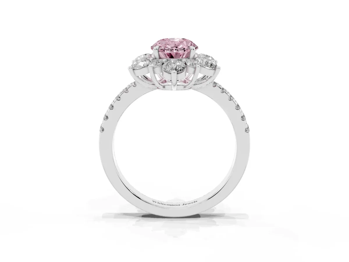 Fancy Pink Oval Cut Diamond Floral Halo Ring with Round Pavé Band and Prong Setting Silver