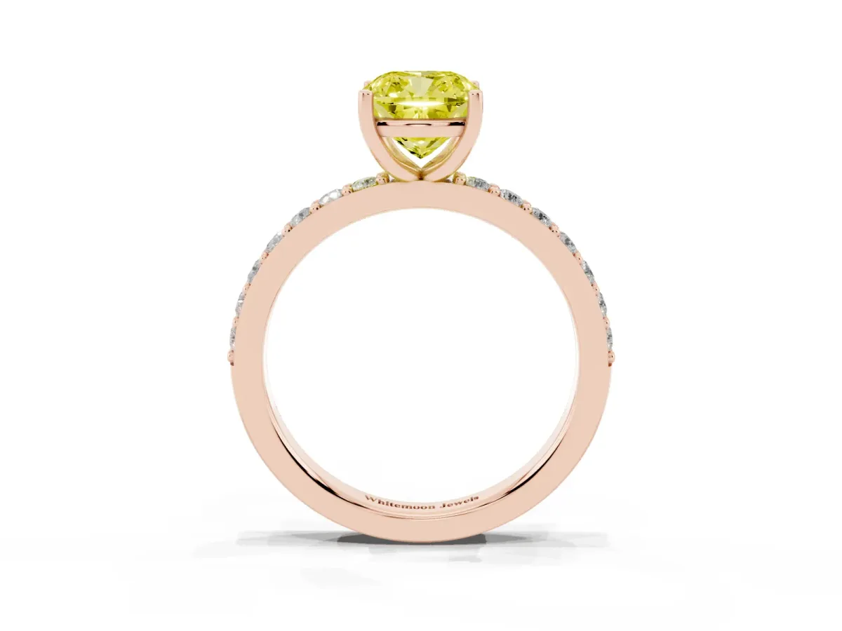 Fancy Yellow Cushion Cut Cut Diamond Solitaire with Pave Band and Four-Prong Setting Rose gold