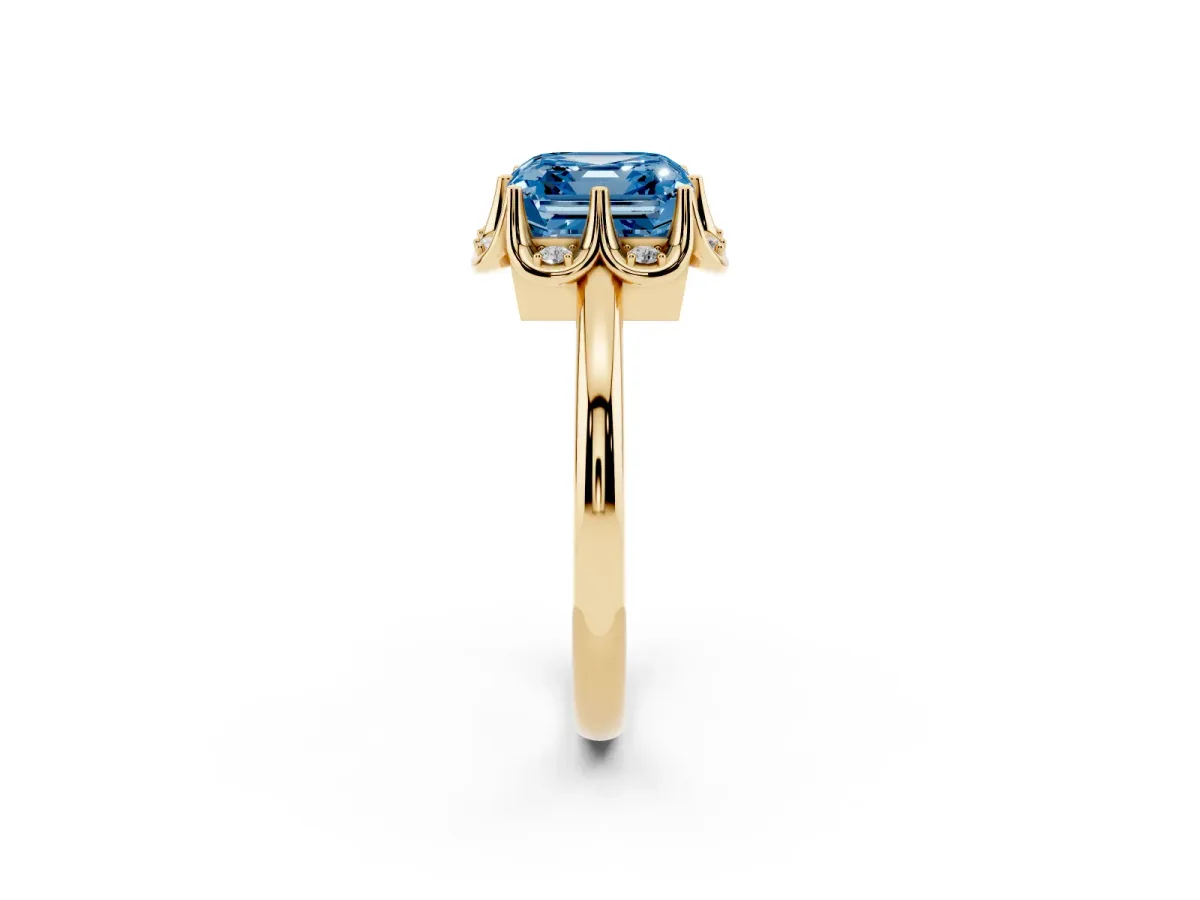 Fancy Blue Asscher Cut Halo Diamond Ring with Round Cluster Setting, Solitaire Band, and Four-Prong Setting Yellow gold