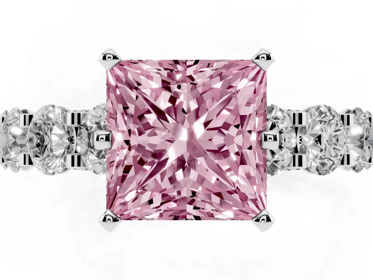 Fancy Pink Princess Cut Diamond Side Stone Engagement Ring with Four-Prong Setting Platinum