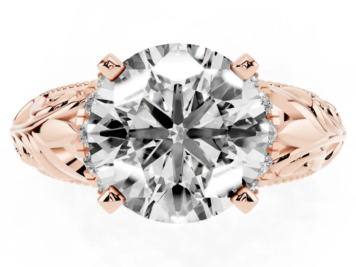 Round Cut Solitaire Filigree Engagement Ring with Halo and Prong Setting Rose gold