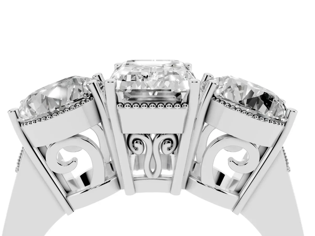 Three-Stone Emerald Cut Diamond Engagement Ring with Prong Setting on a Classic Band Platinum