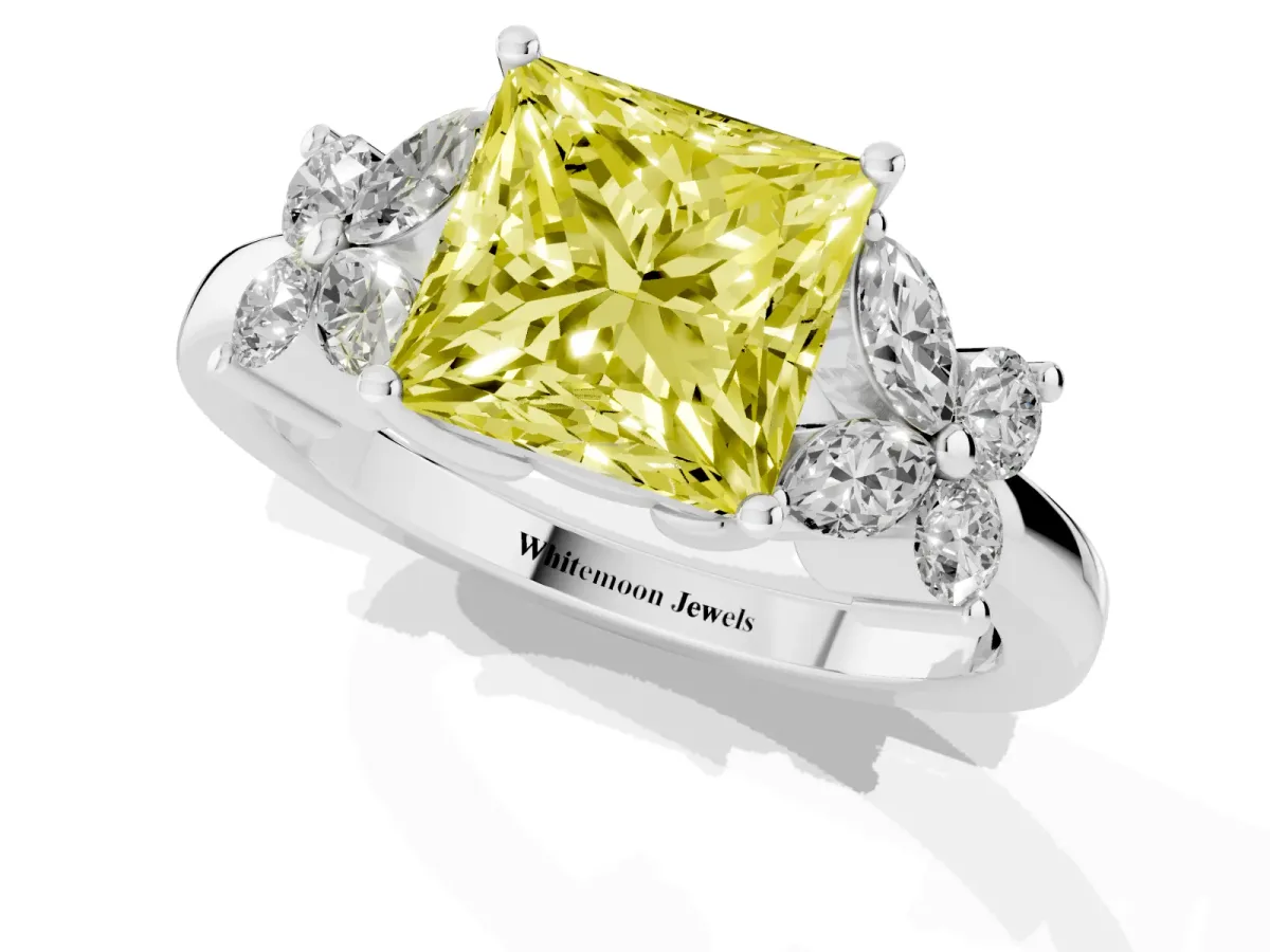 Fancy Yellow Princess Cut Diamond Floral Cluster Ring with Solitaire Band and Prong Setting Platinum