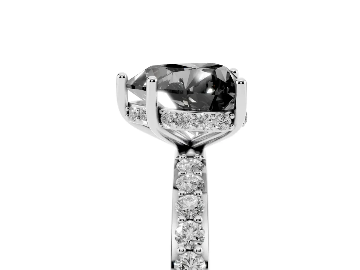 Fancy Black Heart Cut Diamond Solitaire Ring with Pavé Band and Hidden Halo Silver