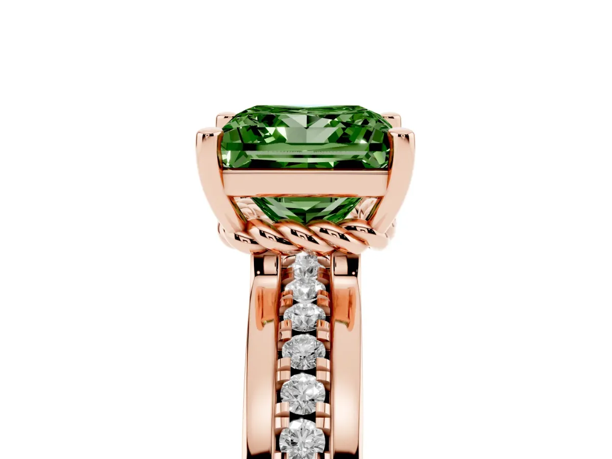 Fancy Green Princess Cut Solitaire Diamond Ring with Channel Set Band and Six-Prong Setting Rose gold