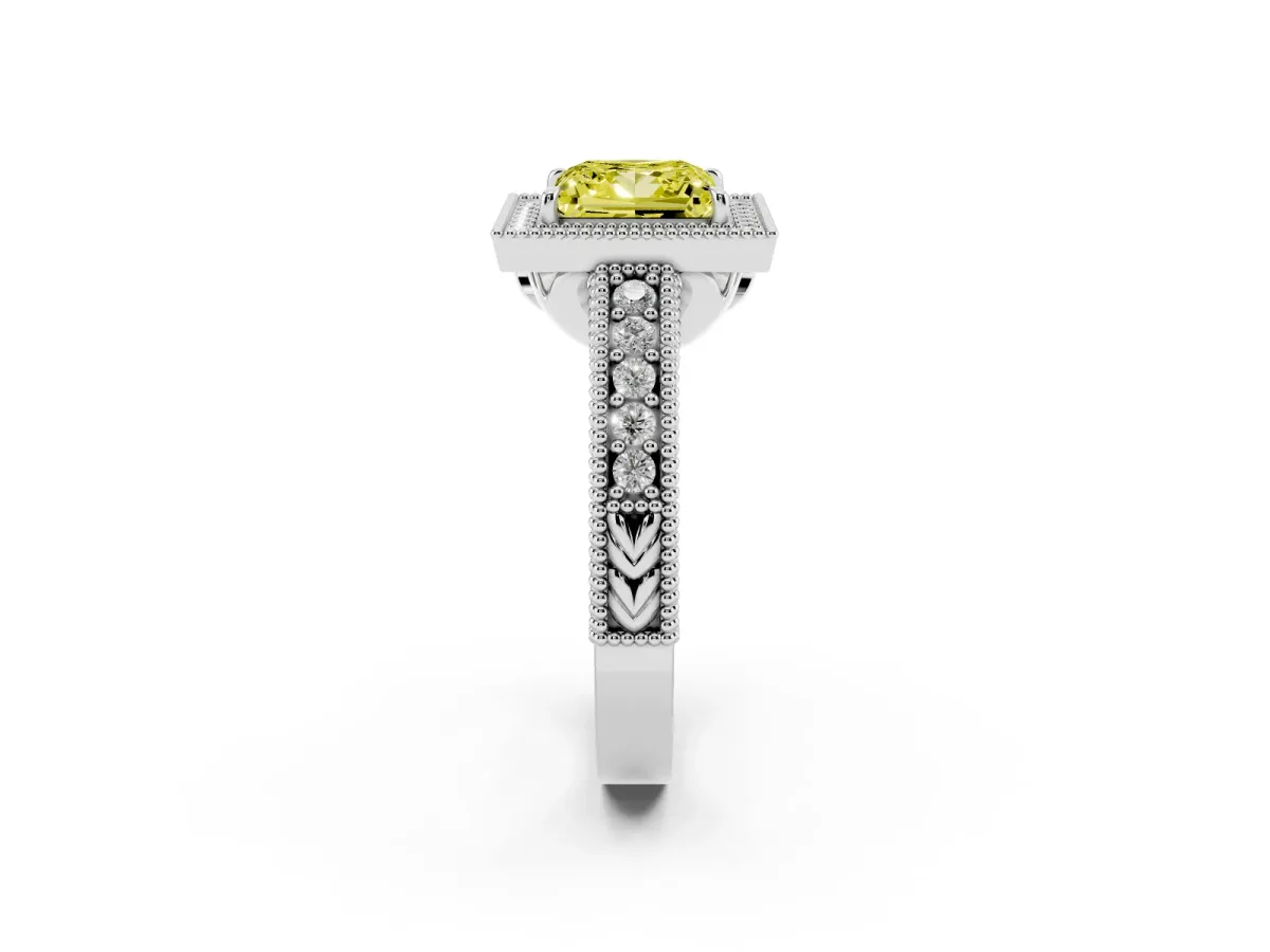 Fancy Yellow Princess Cut Cut Halo Diamond Ring with Pavé Band and Four-Prong Setting White gold