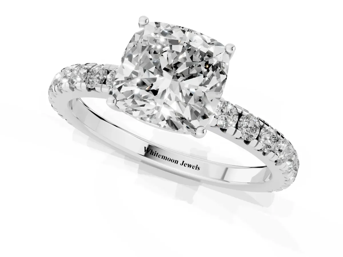 Cushion Cut Diamond Pavé Solitaire Engagement Ring with Four-Prong Setting Platinum