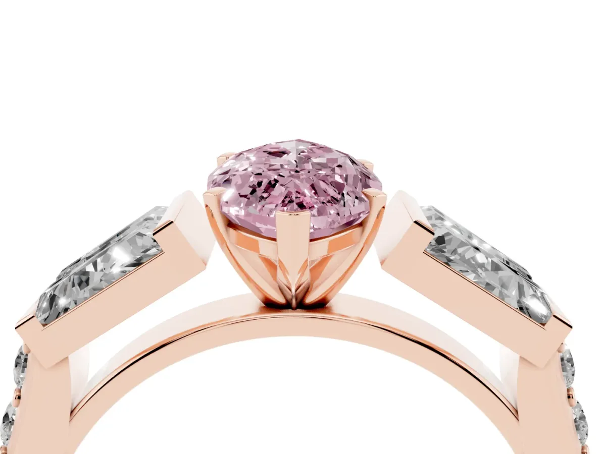 Fancy Pink Marquise Cut Diamond Engagement Ring with Baguette Side Stones and Channel Set Band Rose gold