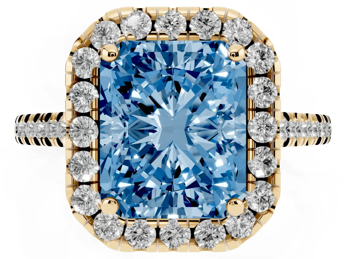 Fancy Blue Radiant Cut Diamond Cushion Halo Ring with Pavé Band Yellow gold
