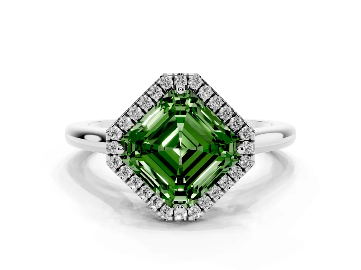 Fancy Green Asscher Cut Halo Round Diamond Solitaire Engagement Ring with Pave Band and Four-Prong Setting White gold