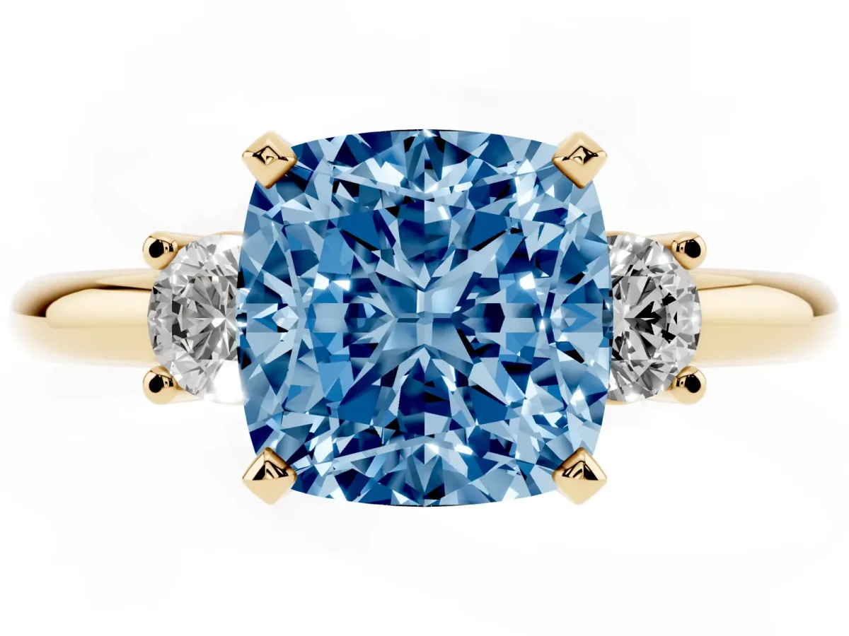 Fancy Blue Three-Stone Cushion Cut Cut Diamond Solitaire with Prong Setting and Classic Band Yellow gold