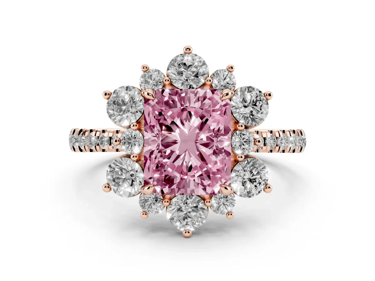 Fancy Pink Radiant Cut Diamond Floral Halo Ring with Round Pavé Band and Prong Setting Rose gold