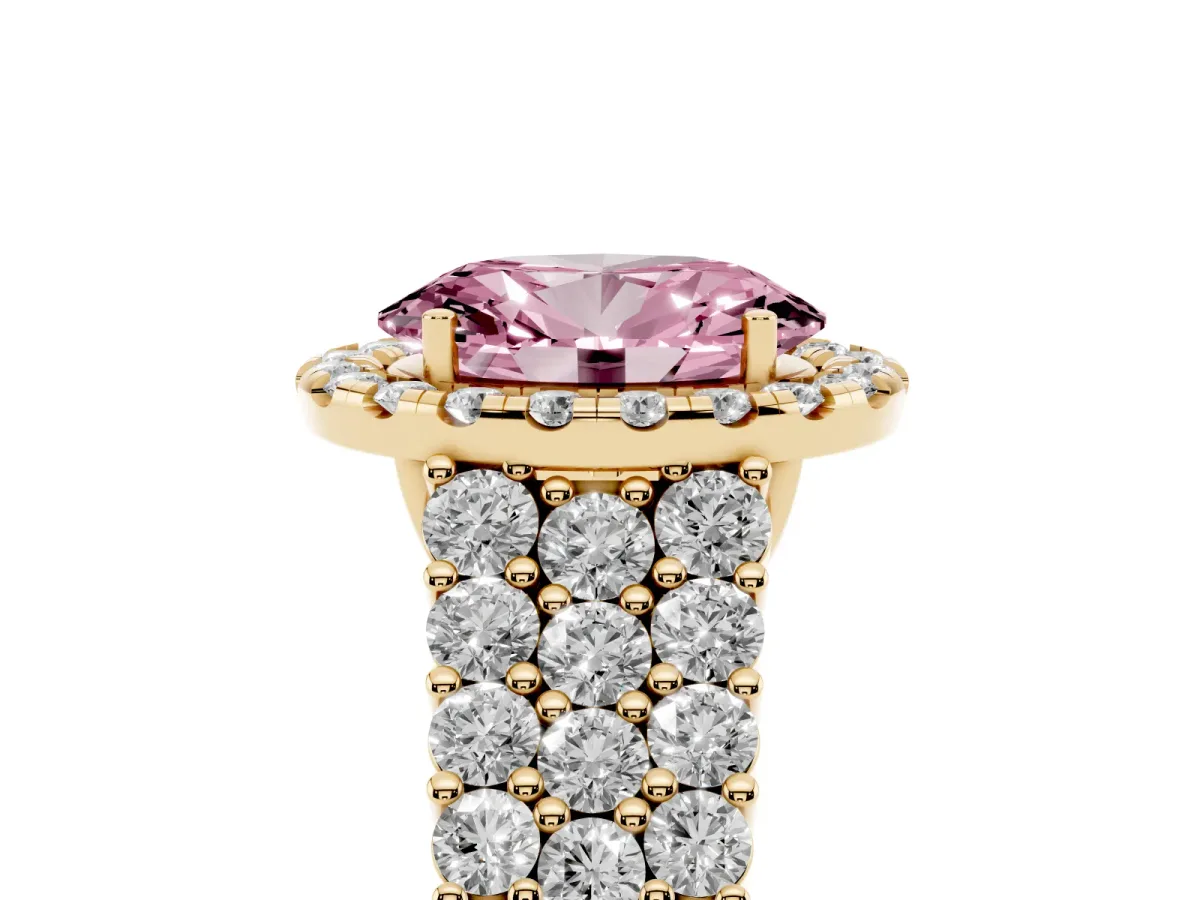 Fancy Pink Oval Cut Diamond Halo Engagement Ring with Triple Row Round Pavé Band and Prong Setting Yellow gold