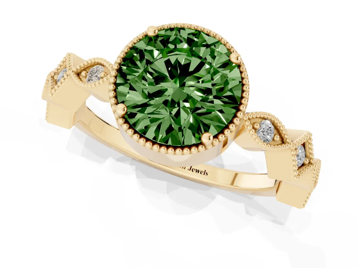 Fancy Green Round Cut Milgrain Marquise Diamond Twist Band Ring Yellow gold