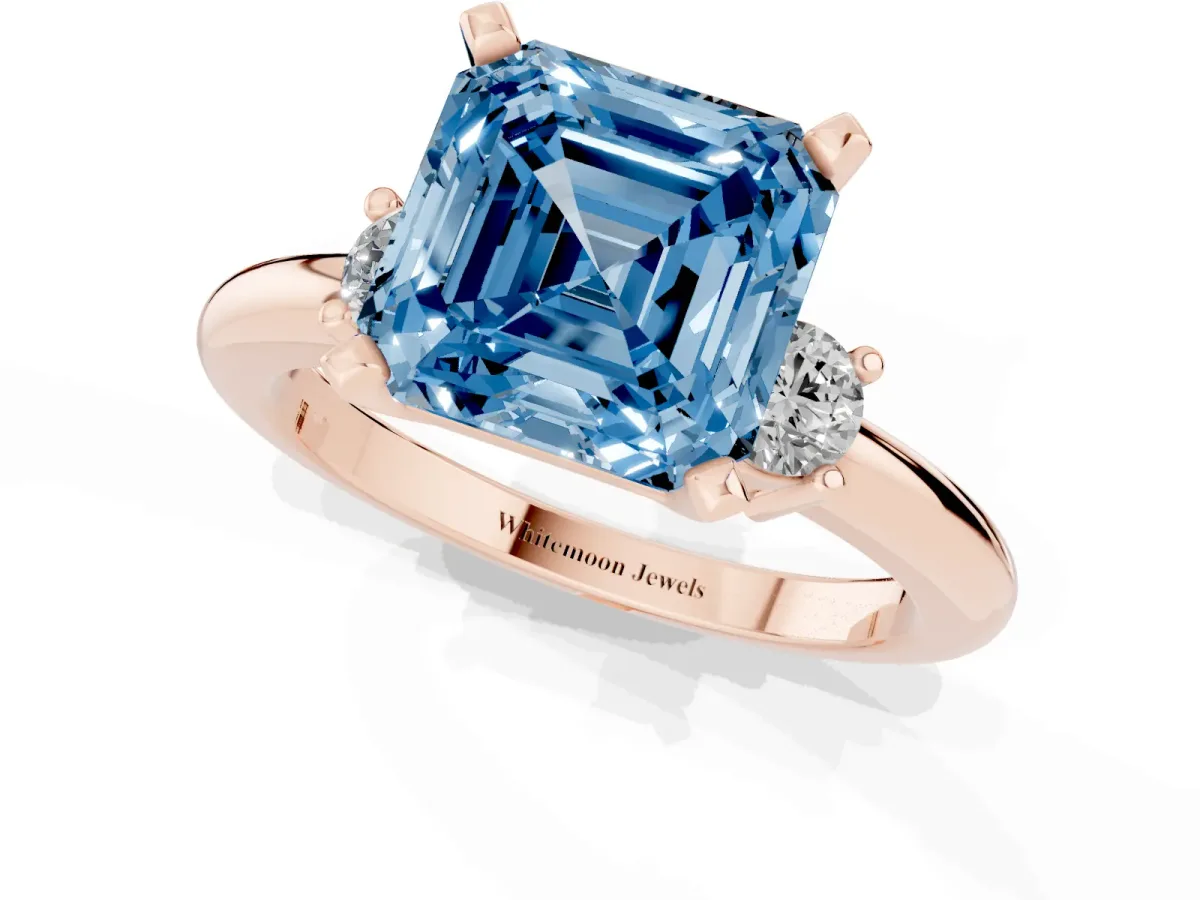 Fancy Blue Three-Stone Asscher Cut Cut Diamond Solitaire with Prong Setting and Classic Band Rose gold