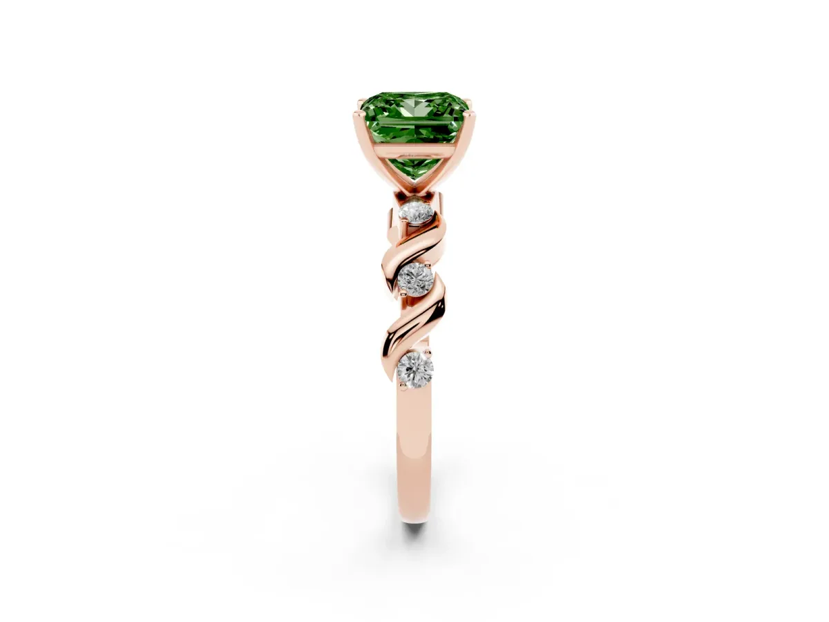 Fancy Green Princess Cut Diamond Solitaire Twisted Band with Round Accents and Prong Setting Rose gold