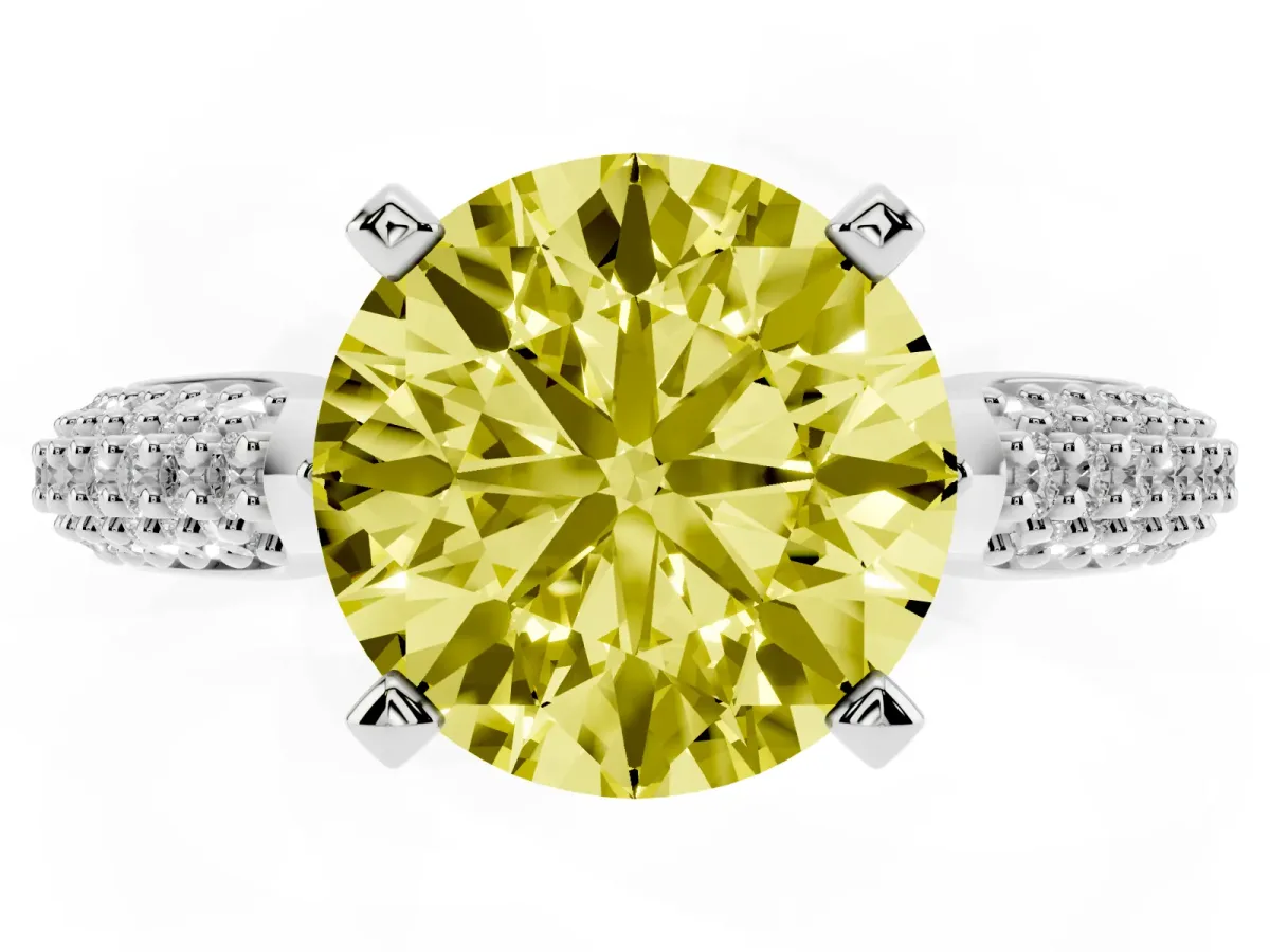 Fancy Yellow Round Cut Diamond Solitaire Engagement Ring with Multi-Row Round Pavé Band and Prong Setting White gold
