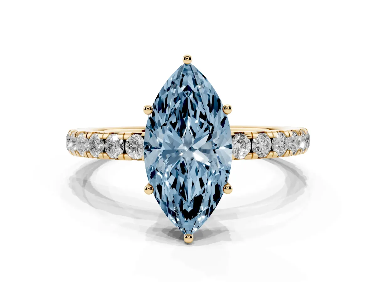Fancy Blue Marquise Cut Diamond Pavé Solitaire Engagement Ring with Four-Prong Setting Yellow gold