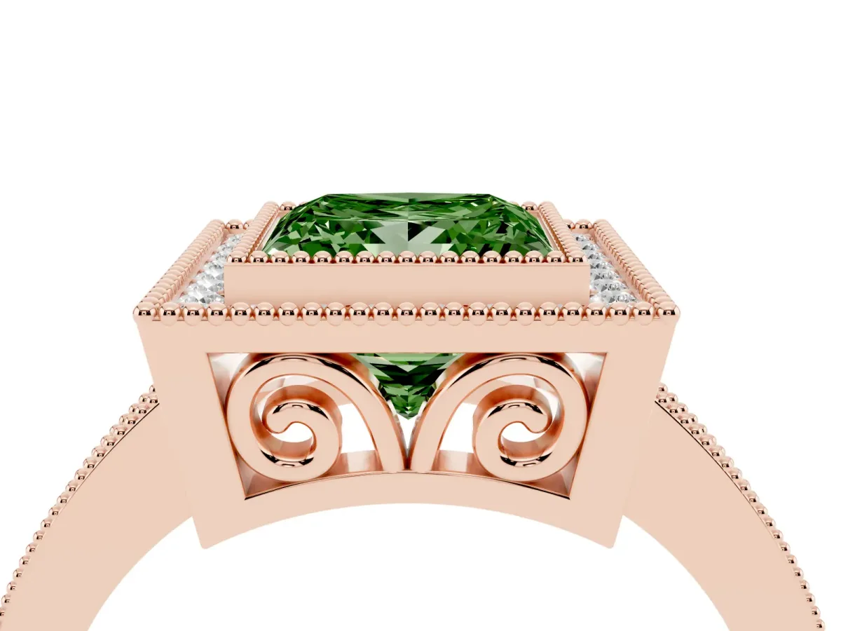 Fancy Green Princess Cut Cut Halo Diamond Ring with Pavé Band and Milgrain Prong Setting Rose gold