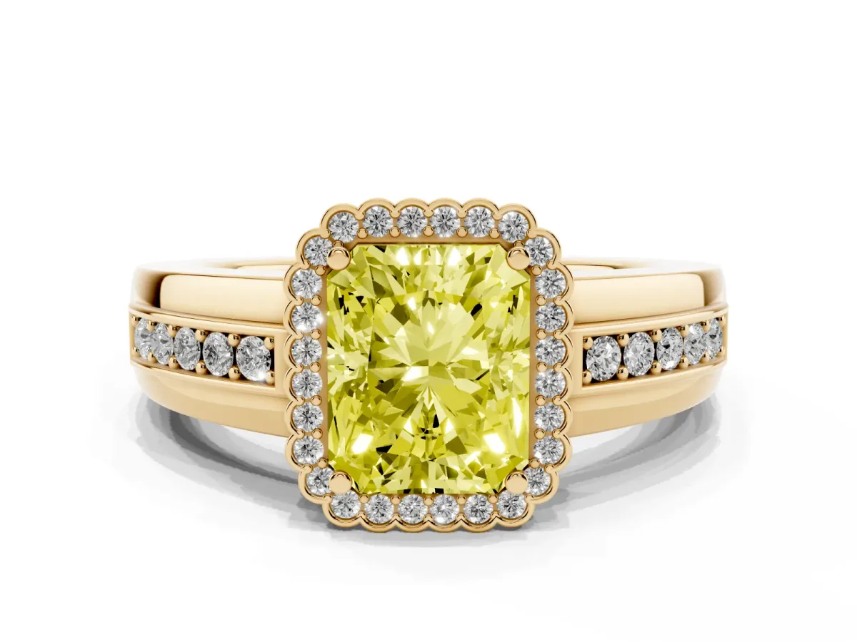 Fancy Yellow Radiant Cut Cut Halo Pave Band Four-Prong Ring Yellow gold