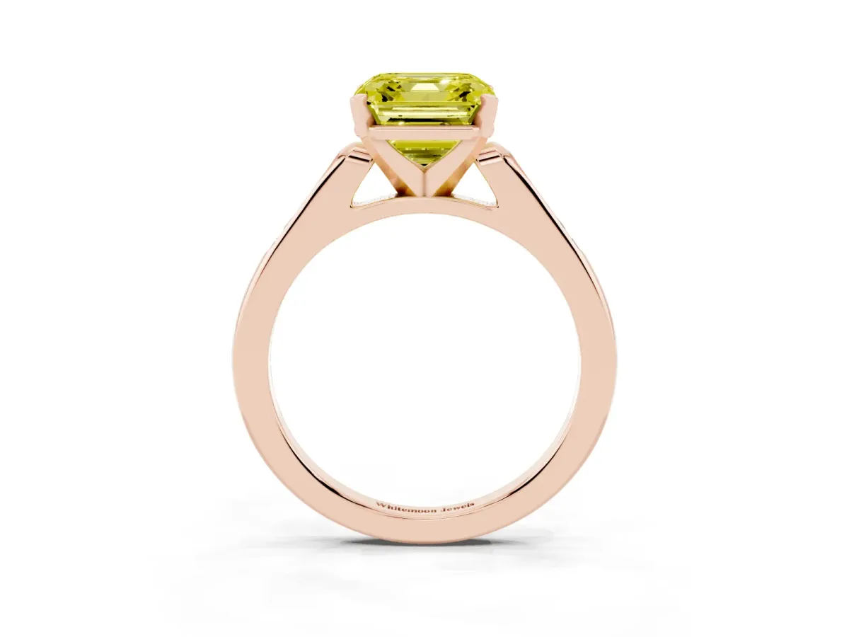 Fancy Yellow Asscher Cut Diamond Solitaire Ring with Channel Set Round Band and Prong Setting Rose gold