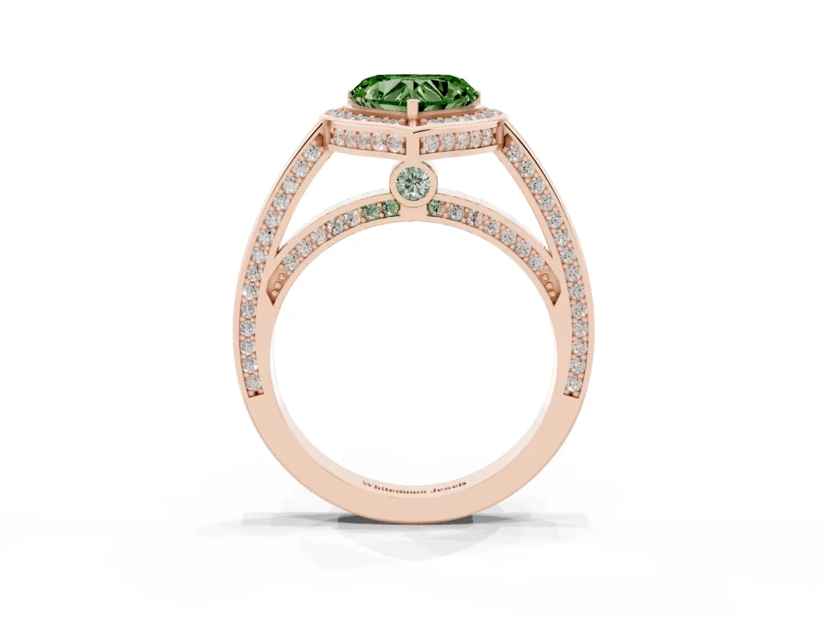 Fancy Green Heart Cut Cut Halo Pave Split Shank Prong Setting Ring Rose gold